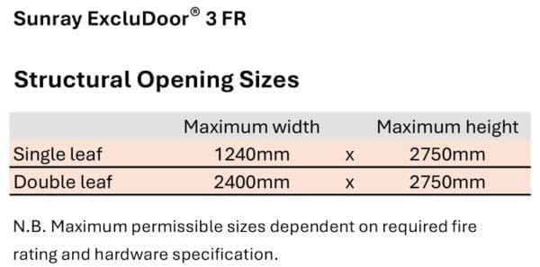 Sunray ExcluDoor 3 FR Maximum Sizes